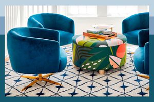 Colorful ottoman and blue side chairs