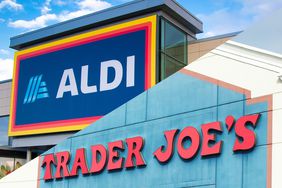 A split photo of the exterior of an Aldi and the exterior of a Trader Joe's