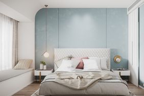 Scandinavian Bedroom with blue and white paint