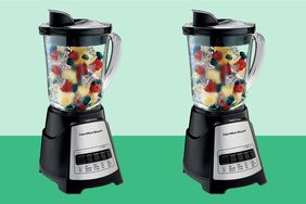 One of the Best Blenders, the Hamilton Beach Power Elite Multi-Function Blender shown twice on a light and dark green background
