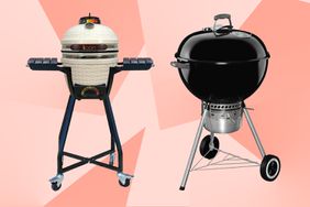 Vision Grills Icon Cadet Charcoal Grill and Weber Original Kettle Premium Charcoal Grill on pink background