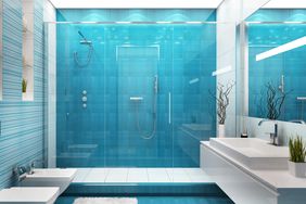 Blue and white bathroom with sparkling clean glass shower door