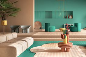 Colorful room with green and beige clay walls, sofa and seating