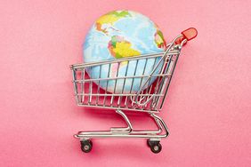 A small shopping cart with planet earth in it