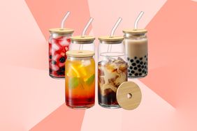 Glass Cups with Bamboo Lids and Glass Straw Tout