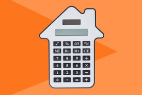 Illustration of a calculator shaped like a house against an orange background