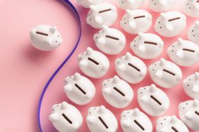 Group of small white piggy banks separated by a blue border from a single small white piggy bank