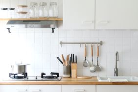 Kitchen with hanging storage and canisters