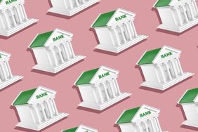 group of Bank building models isolated on pink background