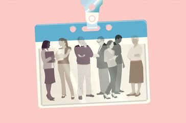 illustration of coworkers talking place on an ID badge on pink background