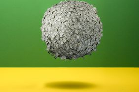 Big ball of US $1 bills floating in the air against a green and yellow background