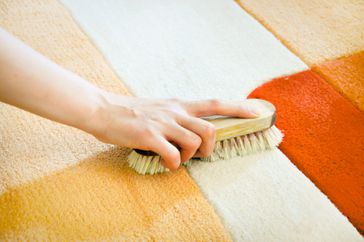 hand scrubbing carpet stain with cleaning solution