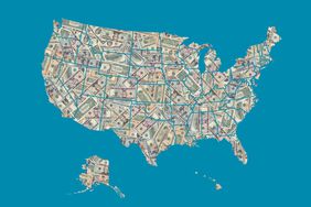 United States of America map formed with american dollars bills