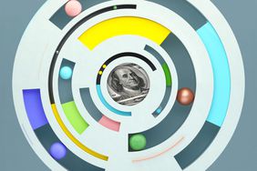 Abstract multicolored circular chart with dollar bill at the center