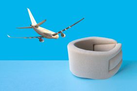 airplane with a neck support brace on blue background. Soft surgical or cervical collar
