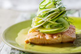 Fennel and courgette topped salmon