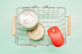 Unexpected Places to Buy Groceries Online, Locally, and For Delivery - grocery basket with cans and computer mouse