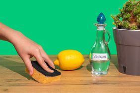 A woman's hand wipes a wooden table with a sponge and a natural non-toxic agent. Ecological home cleaning products. Vinegar, lemon. Green background.