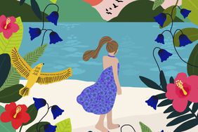 colorful illustration of a woman standing on a sandy beach with birds and flowers around her