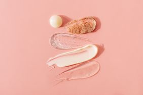 Peptides, skincare products on pink background